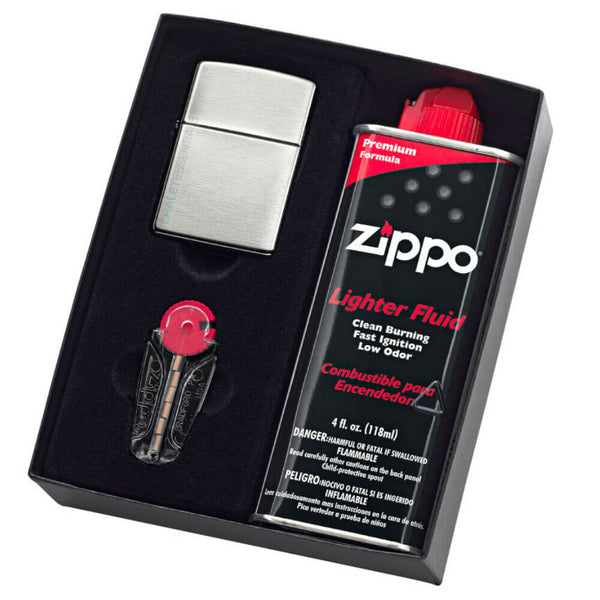 Zippo #200 Brushed Chrome Lighter with Fluid and Flints