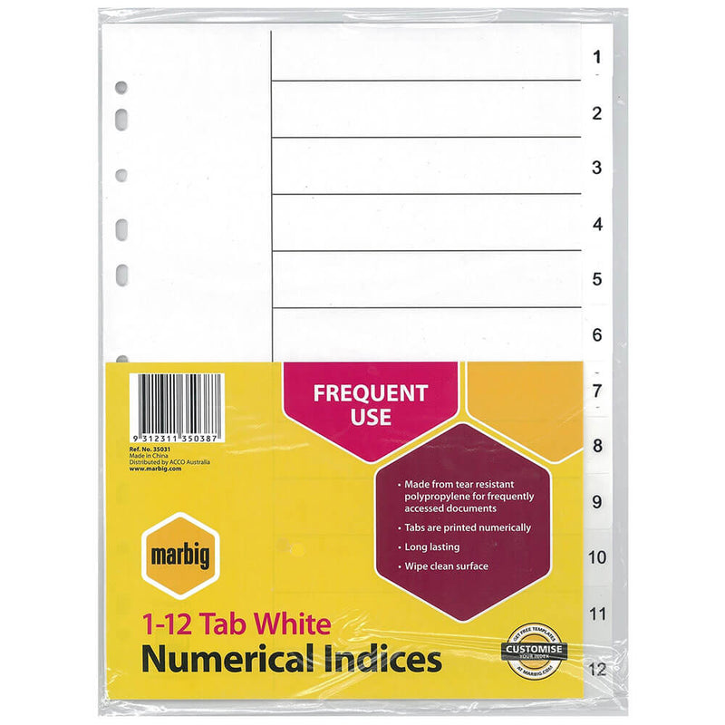 Index et intercalaires numériques Marbig A4 (Blanc)